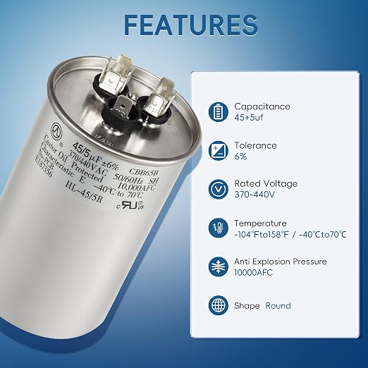 AC Capacitor 45+5 uF 45/5 MFD ±6% 370V/440VAC CBB65 Dual Run Circular Start Capacitor for Heat Pump Air, alternate view 3