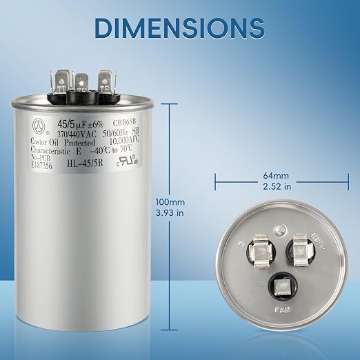 AC Capacitor 45+5 uF 45/5 MFD ±6% 370V/440VAC CBB65 Dual Run Circular Start Capacitor for Heat Pump Air, alternate view 5