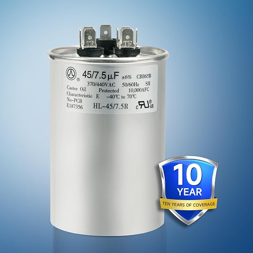 AC Capacitor 45+7.5 uF or 45/7.5 MFD ±6% 370V/440VAC CBB65 Dual Run Circular Start Capacitor for Heat Pump Air, alternate