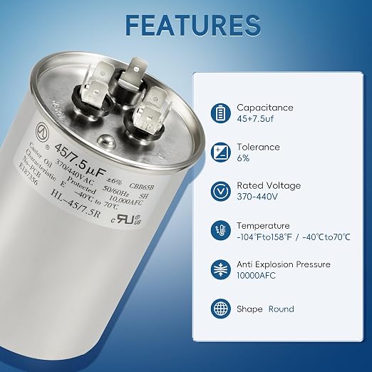AC Capacitor 45+7.5 uF or 45/7.5 MFD ±6% 370V/440VAC CBB65 Dual Run Circular Start Capacitor for Heat Pump Air, alternate