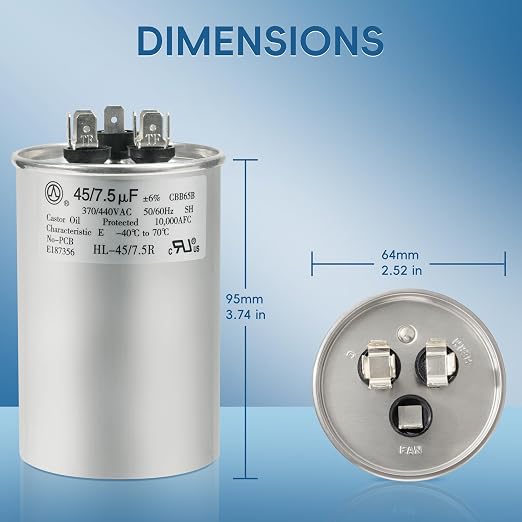 AC Capacitor 45+7.5 uF or 45/7.5 MFD ±6% 370V/440VAC CBB65 Dual Run Circular Start Capacitor for Heat Pump Air, alternate