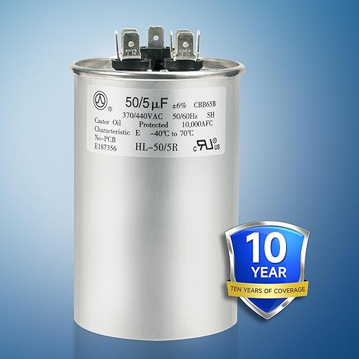 AC Capacitor 50+5 uF 50/5 MFD ±6% 370V/440VAC CBB65 Dual Run Circular Start Capacitor for Heat Pump Air Conditioner,Ten Years