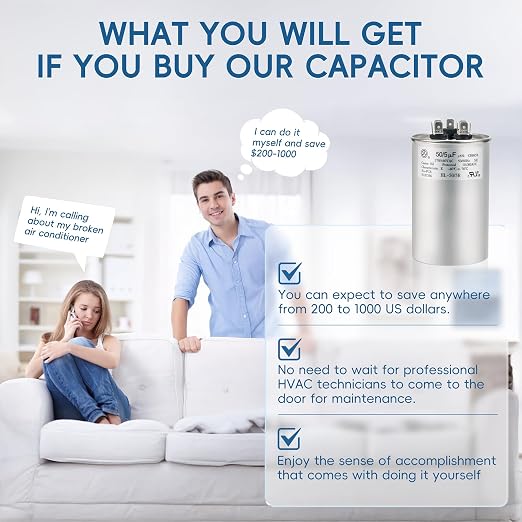AC Capacitor 50+5 uF 50/5 MFD ±6% 370V/440VAC CBB65 Dual Run Circular Start Capacitor for Heat Pump Air Conditioner,Ten Years