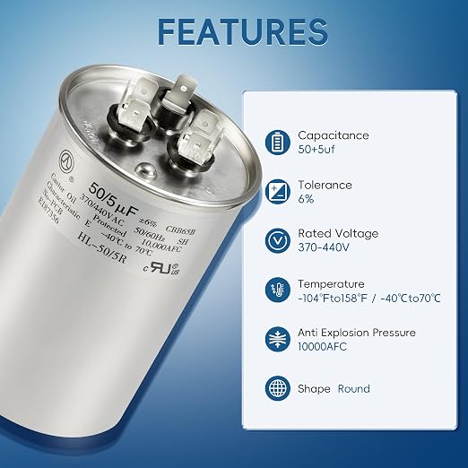 AC Capacitor 50+5 uF 50/5 MFD ±6% 370V/440VAC CBB65 Dual Run Circular Start Capacitor for Heat Pump Air Conditioner,Ten Years