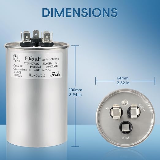 AC Capacitor 50+5 uF 50/5 MFD ±6% 370V/440VAC CBB65 Dual Run Circular Start Capacitor for Heat Pump Air Conditioner,Ten Years