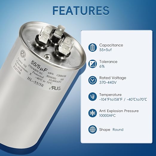 AC Capacitor 55+5 uF 55/5 MFD ±6% 370V/440VAC CBB65 Dual Run Circular Start Capacitor for Heat Pump Air, alternate view 3
