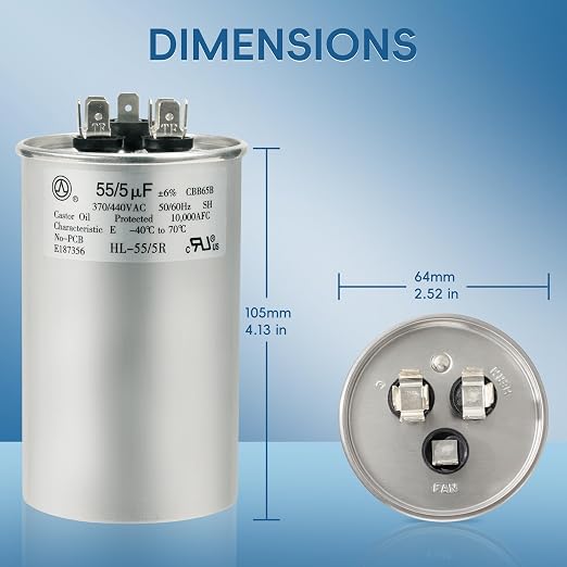 AC Capacitor 55+5 uF 55/5 MFD ±6% 370V/440VAC CBB65 Dual Run Circular Start Capacitor for Heat Pump Air, alternate view 5