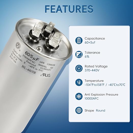 AC Capacitor 60+5 uF 60/5 MFD ±6% 370V/440VAC CBB65 Dual Run Circular Start Capacitor for Heat Pump Air, alternate view 3
