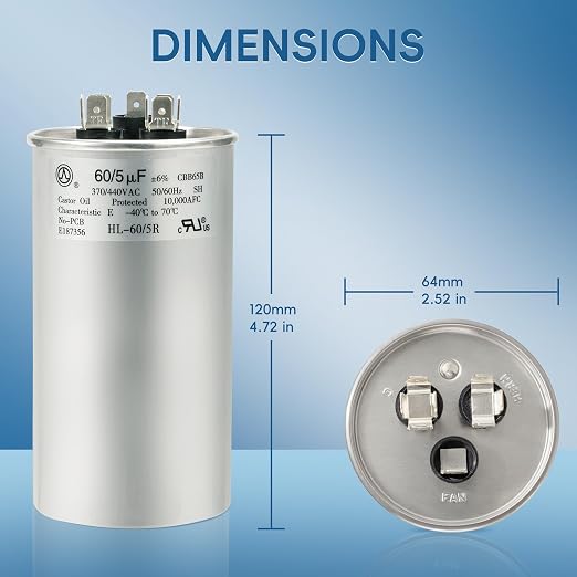 AC Capacitor 60+5 uF 60/5 MFD ±6% 370V/440VAC CBB65 Dual Run Circular Start Capacitor for Heat Pump Air, alternate view 5