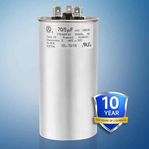 AC Capacitor 70+5 uF 70/5 MFD ±6% 370V/440VAC CBB65 Dual Run Circular Start Capacitor for Heat Pump Air, alternate view 2