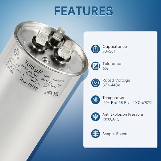 AC Capacitor 70+5 uF 70/5 MFD ±6% 370V/440VAC CBB65 Dual Run Circular Start Capacitor for Heat Pump Air, alternate view 3