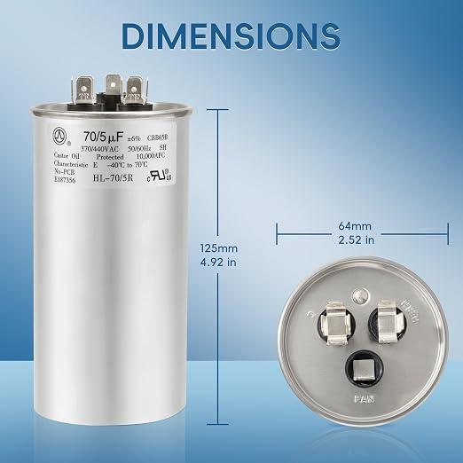AC Capacitor 70+5 uF 70/5 MFD ±6% 370V/440VAC CBB65 Dual Run Circular Start Capacitor for Heat Pump Air, alternate view 5