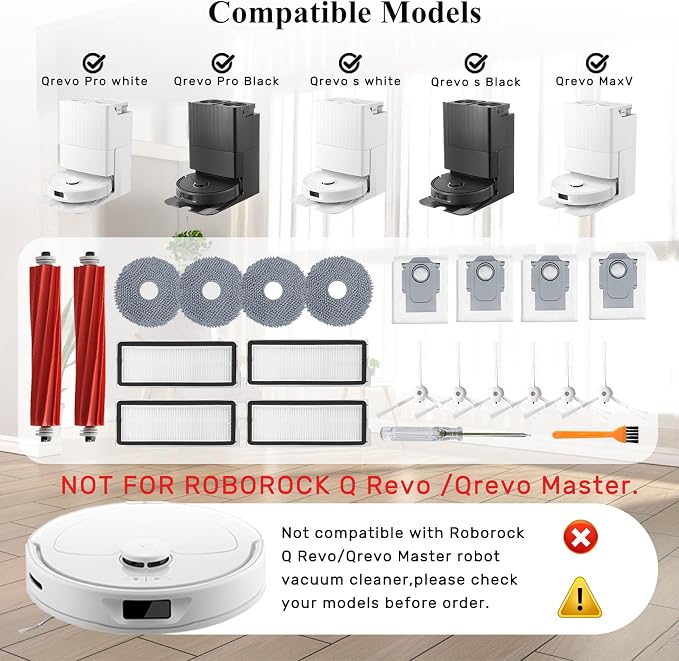 Accessories Kit for Qrevo S/Qrevo Plus/Qrevo Pro/Qrevo MaxV 【Not for Q Revo】Robot Vacuum, 2 Main Brush Roller, 4