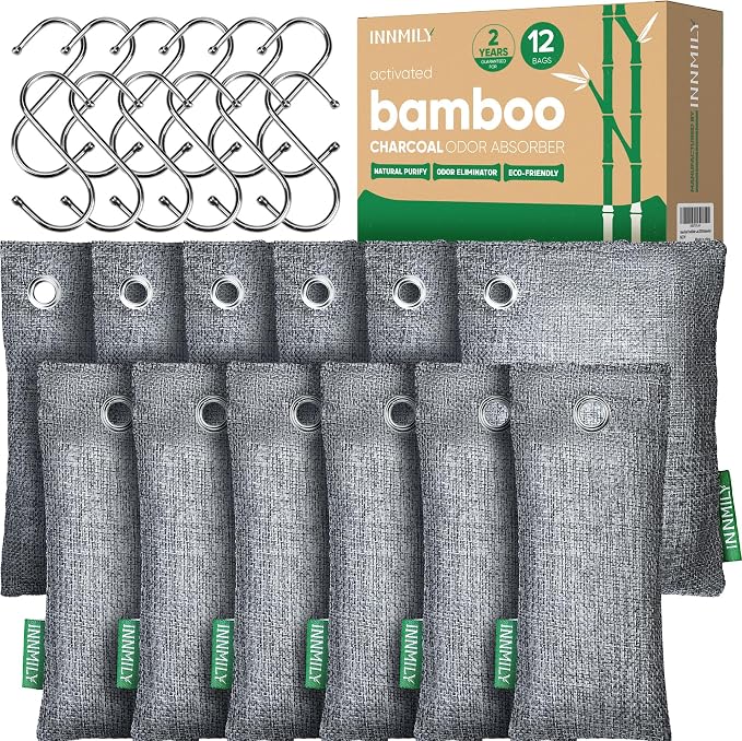 Activated Charcoal Odor Absorber,Large 12 Pack w Hooks Nature Odor Eliminator for Strong Odor, product image