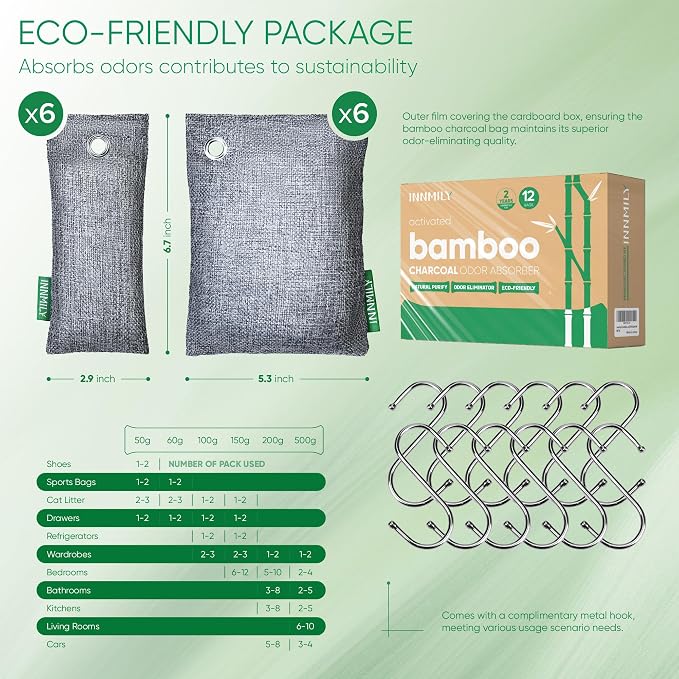 Activated Charcoal Odor Absorber,Large 12 Pack w Hooks Nature Odor Eliminator for Strong Odor, alternate product view 2