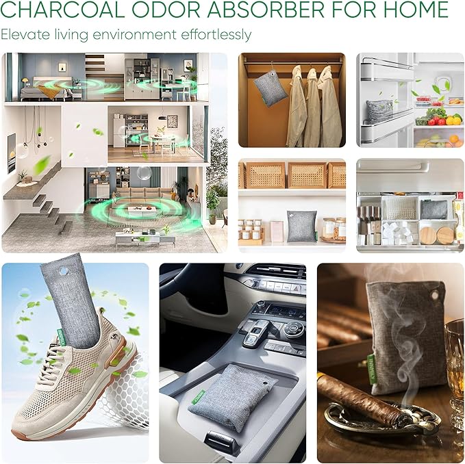 Activated Charcoal Odor Absorber,Large 12 Pack w Hooks Nature Odor Eliminator for Strong Odor, alternate product view 3