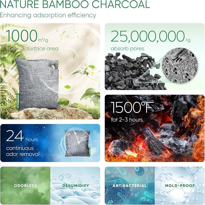 Activated Charcoal Odor Absorber,Large 4x200g w Hooks Nature Odor Eliminator for Strong Odor,Bamboo Charcoal Air Purifying