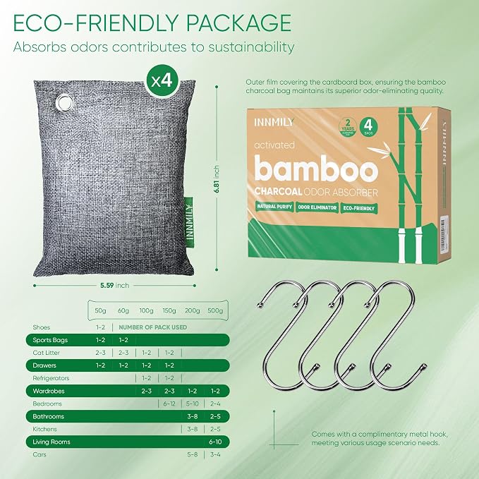 Activated Charcoal Odor Absorber,Large 4x200g w Hooks Nature Odor Eliminator for Strong Odor,Bamboo Charcoal Air Purifying