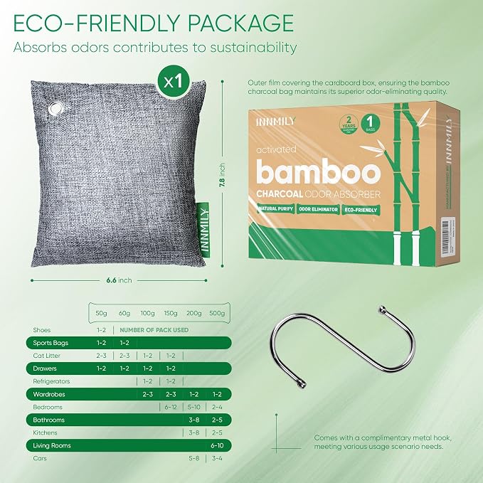 Activated Charcoal Odor Absorber, Large 500g w Hooks Nature Odor Remover for Strong Odor, Bamboo Charcoal Air Purifying Bags