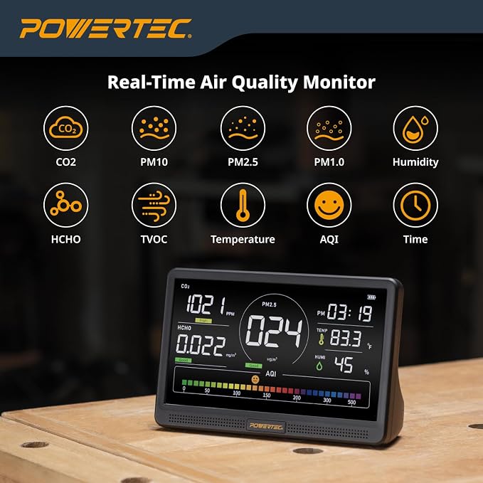 AD1001 Air Quality Monitor with 7" LCD Display - Multi-Sensor CO2, PM2.5, PM10, TVOC, HCHO, Detector, NDIR Sensors