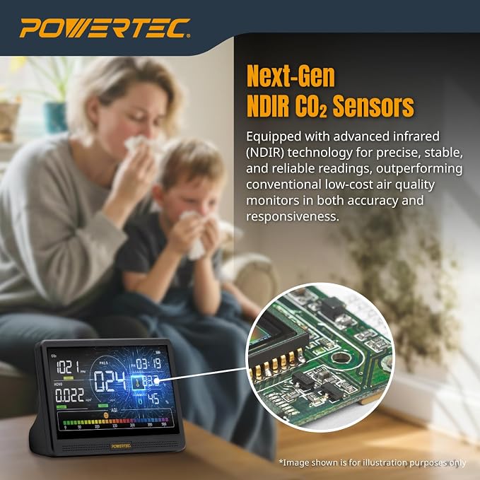AD1001 Air Quality Monitor with 7" LCD Display - Multi-Sensor CO2, PM2.5, PM10, TVOC, HCHO, Detector, NDIR Sensors