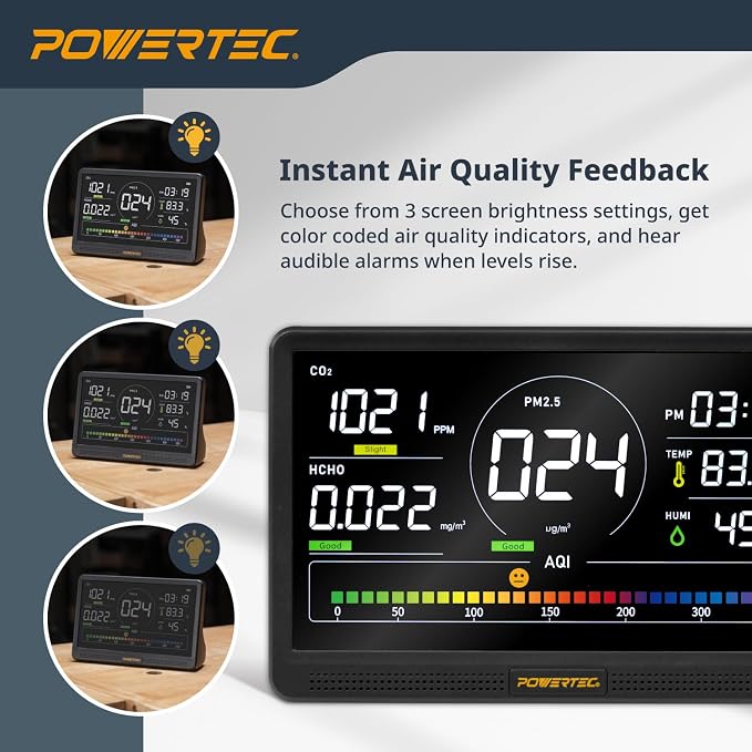 AD1001 Air Quality Monitor with 7" LCD Display - Multi-Sensor CO2, PM2.5, PM10, TVOC, HCHO, Detector, NDIR Sensors