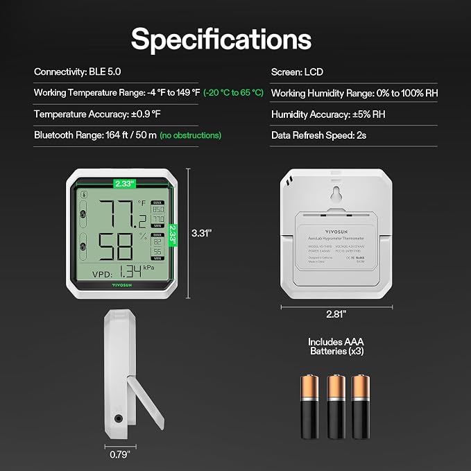 AeroLab THB1 Wireless Bluetooth Hygrometer Thermometer Indoor, Smart Temperature Monitor, VPD, Digital Humidity Meter, LCD