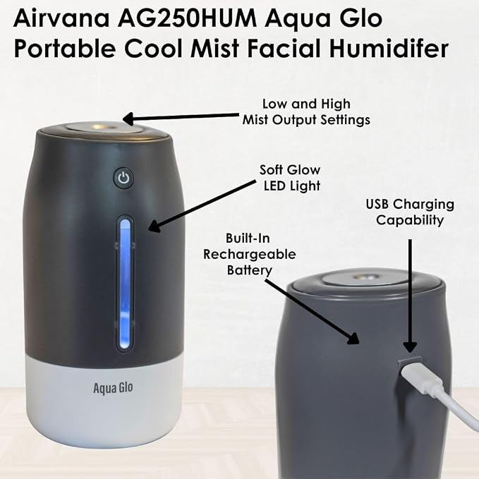 AG250HUM-V2-C Personal, Portable Humidifier – Ultrasonic Cool Mist Output with Built In Rechargeable Battery – Up to 5 Hours