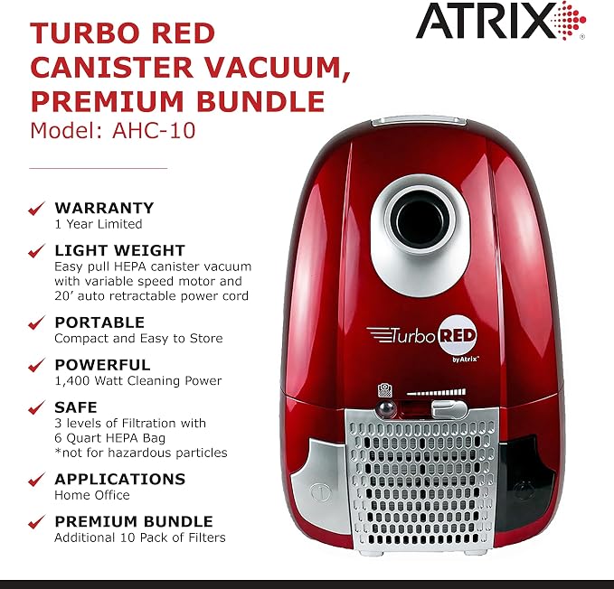 AHC Turbo Red HEPA 6-Quart Canister Vacuum Cleaner – Premium Bundle for Home & Carpet Cleaning, Includes Accessories &