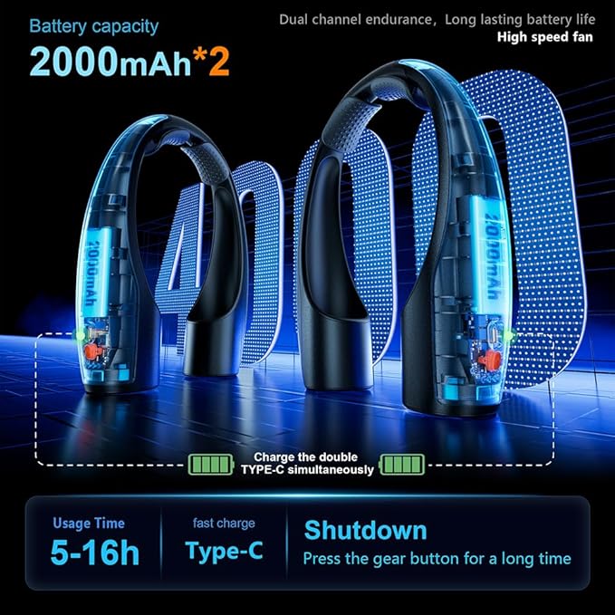 AI Neck Fan, 4 Speeds Adjustable Portable Personal Fan Rechargeable, 4000 mAh Battery Faster Cooling Wearable Fan, Ultra