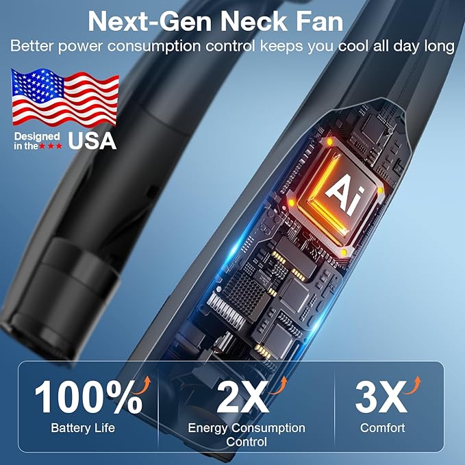 AI Neck Fan, 6 Speeds Adjustable Portable Personal Fan Rechargeable, Faster Cooling Wearable Fan, Ultra Quiet for Home