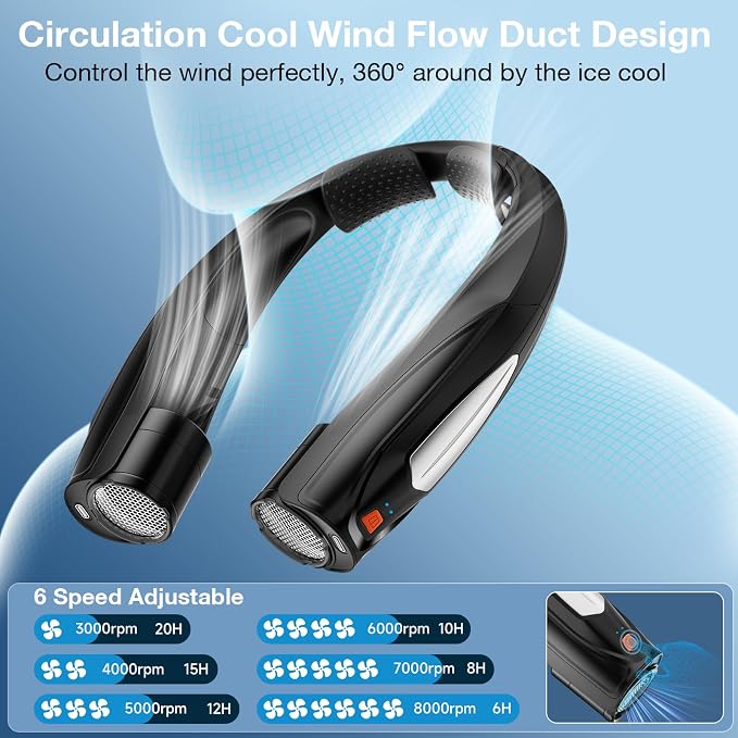 AI Neck Fan, 6 Speeds Adjustable Portable Personal Fan Rechargeable, Faster Cooling Wearable Fan, Ultra Quiet for Home