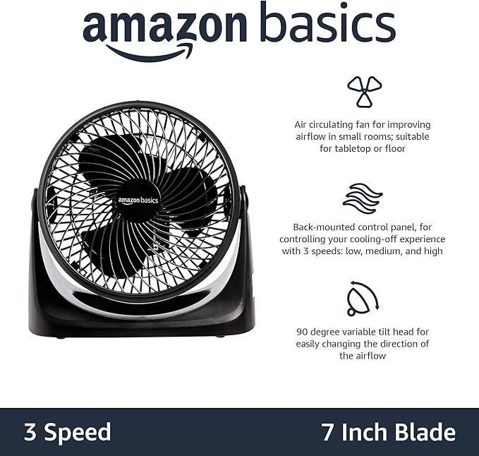 Air Circulator Desk Fan for Bedroom, Home and Office, 90-Degree Tilt Head, 3 Speed Settings, Cooling, 35, Black, 11.1"W