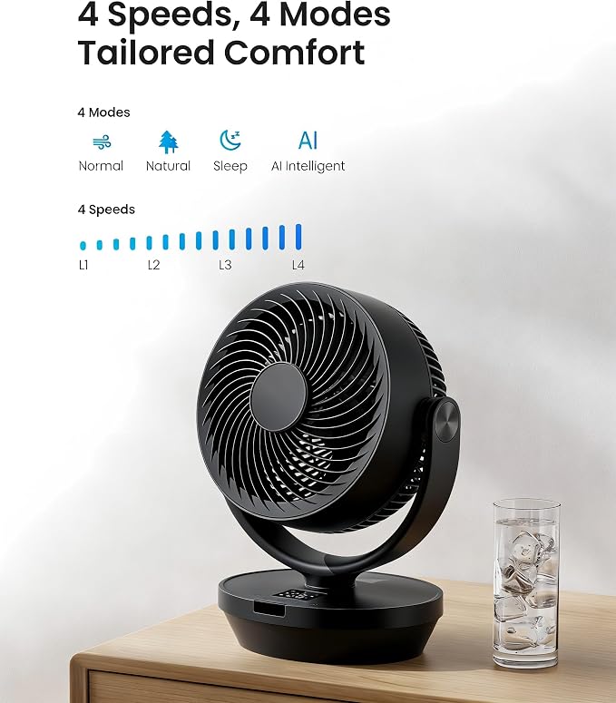 Air Circulator Fan for Bedroom, 13" Table Fan with Remote, 90° Oscillating & 120° Tilt, 60ft Strong Airflow, Quiet 25dB