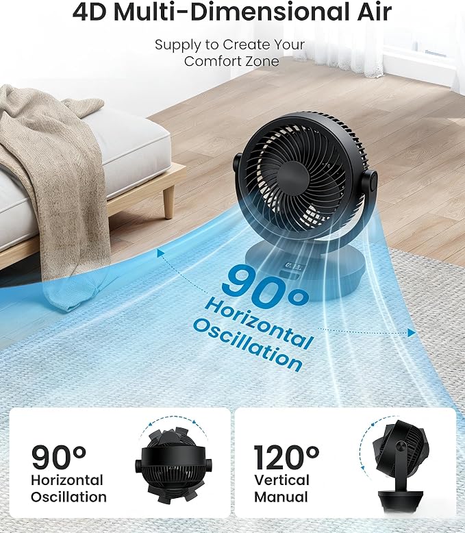 Air Circulator Fan for Bedroom, 13" Table Fan with Remote, 90° Oscillating & 120° Tilt, 60ft Strong Airflow, Quiet 25dB