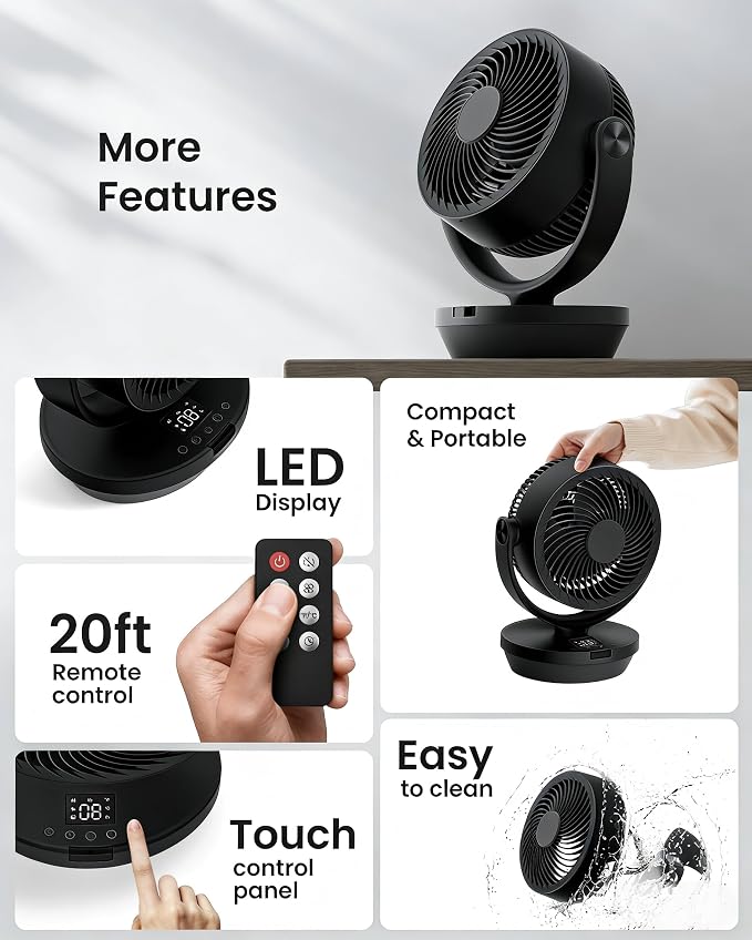 Air Circulator Fan for Bedroom, 13" Table Fan with Remote, 90° Oscillating & 120° Tilt, 60ft Strong Airflow, Quiet 25dB