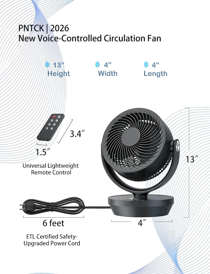 Air Circulator Fan for Bedroom, 13" Table Fan with Remote, 90° Oscillating & 120° Tilt, 60ft Strong Airflow, Quiet 25dB