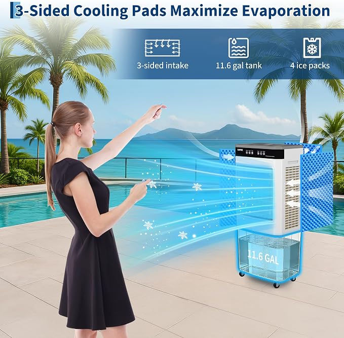 Air Cooler 3500 CFM Evaporative Air Cooler with 11.6Gal Water Tank, 4 Ice Packs, 3-Speed, 120° Oscillation, alternate view 8