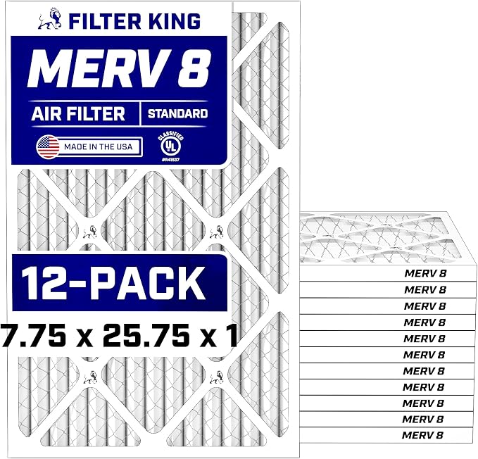 Air Filters 7.75x25.75x1 | 12 Pack | MERV 8 HVAC Pleated AC Furnace Filters | Air Purifier | Replacement Filters for Clean