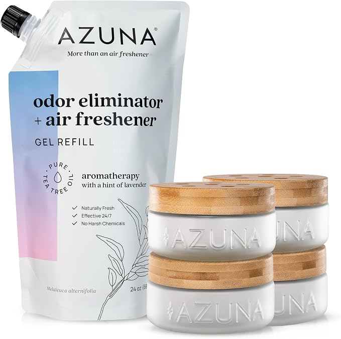 Air Freshener & Odor Eliminator for Strong Odor | 4 Room Kit Includes (4) Empty Luxe Glass Jar & 24oz Gel Refill with Tea