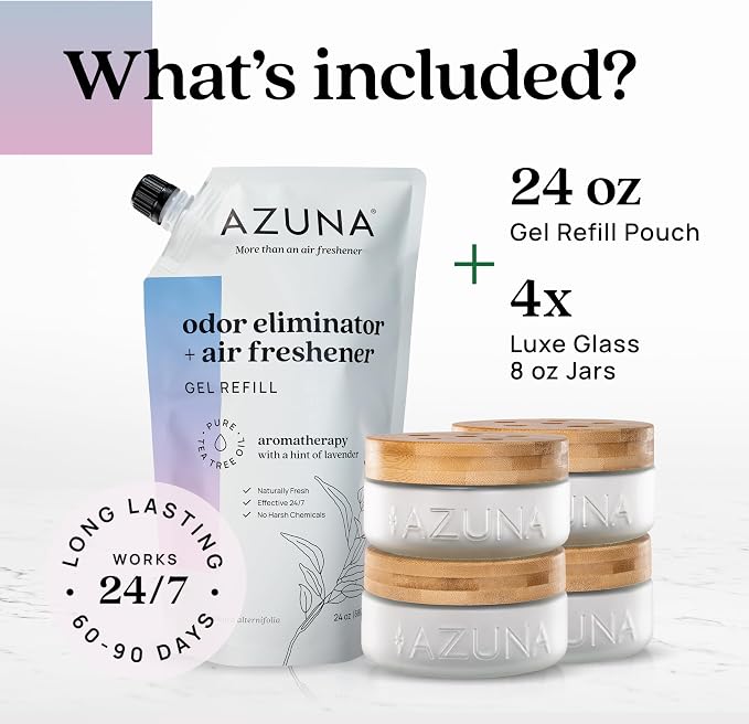 Air Freshener & Odor Eliminator for Strong Odor | 4 Room Kit Includes (4) Empty Luxe Glass Jar & 24oz Gel Refill with Tea