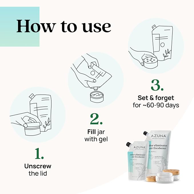 Air Freshener & Odor Eliminator Gel 4 Room Kit, Includes (4) 8 oz. Empty Luxe Glass Jars & 24 oz. Refill with Tea Tree