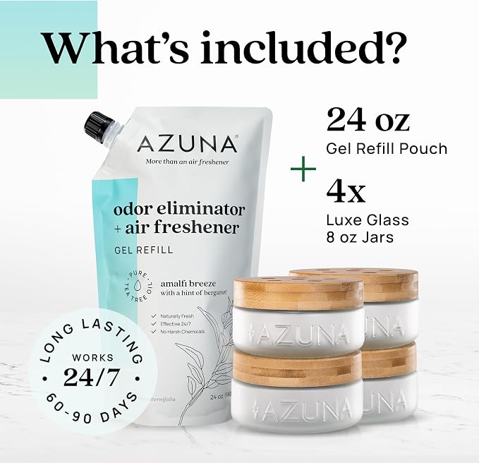 Air Freshener & Odor Eliminator Gel 4 Room Kit, Includes (4) 8 oz. Empty Luxe Glass Jars & 24 oz. Refill with Tea Tree