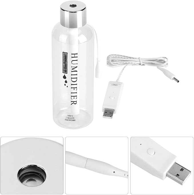 Air Humidifier,300ml Mini Portable Quiet Operation Transparent USB Water Bottle Air Diffuser Fine Mist Automatic Power Off