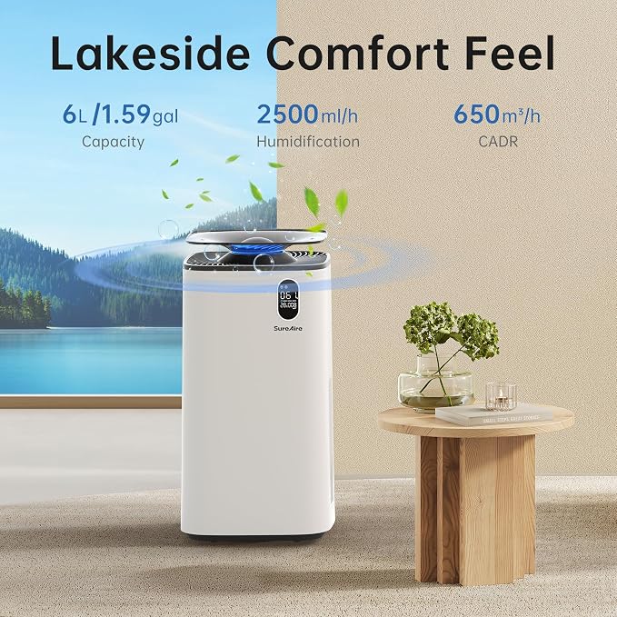 Air Humidifiers and Purifier for Bedroom - 6L Humidifier Air Purifier for Home Large Room, Effortless Refilling and Cleaning