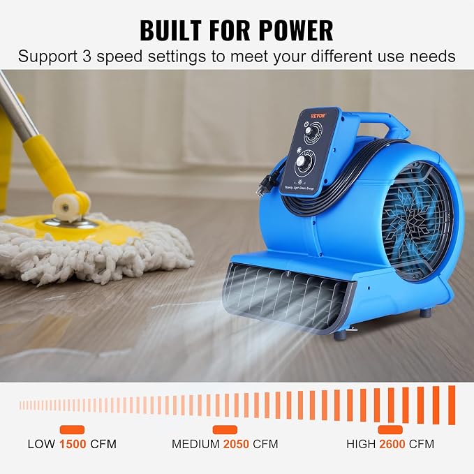 Air Mover, 1/2 HP 2600 CFM Carpet Dryer for Cooling and Ventilating, Portable Floor Blower Fan with 4 Blowing Angles and Time