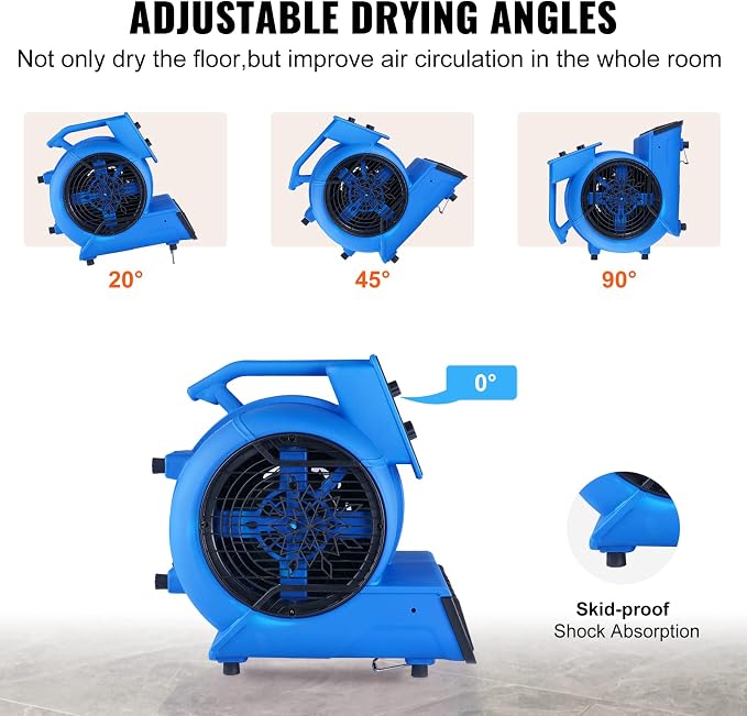 Air Mover, 1/2 HP 2600 CFM Carpet Dryer for Cooling and Ventilating, Portable Floor Blower Fan with 4 Blowing Angles and Time