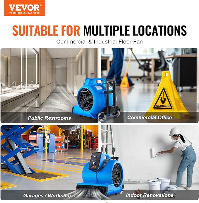 Air Mover, 1 HP 4000 CFM Carpet Dryer for Cooling and Ventilating, Portable Floor Blower Fan with 3 Blowing Angles and Time