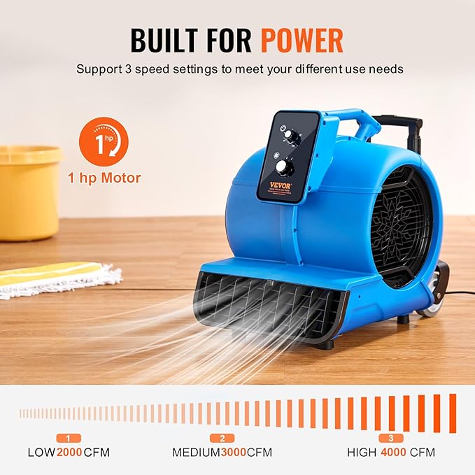Air Mover, 1 HP 4000 CFM Carpet Dryer for Cooling and Ventilating, Portable Floor Blower Fan with 3 Blowing Angles and Time