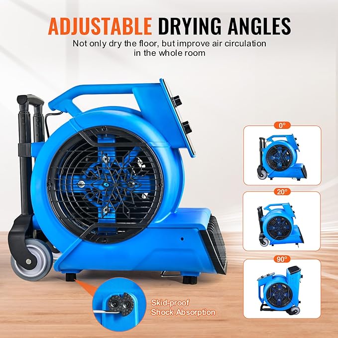 Air Mover, 1 HP 4000 CFM Carpet Dryer for Cooling and Ventilating, Portable Floor Blower Fan with 3 Blowing Angles and Time